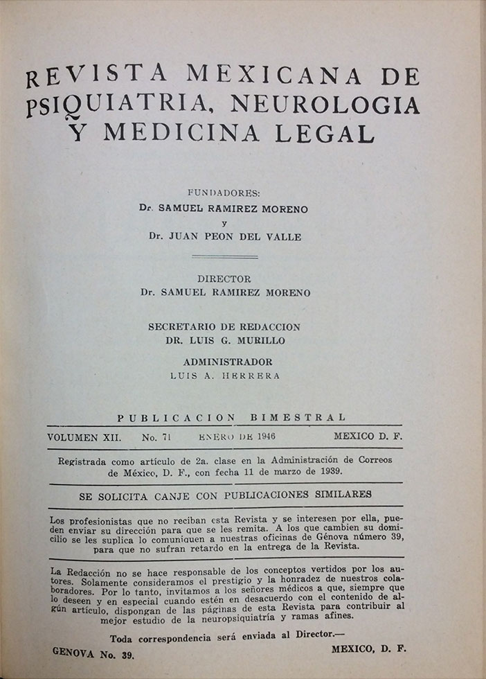 Revista Mexicana de Psiquiatría, Neurología y Medicina Legal